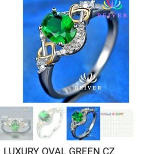 Sz 6 green CZ WGF oval cut ring